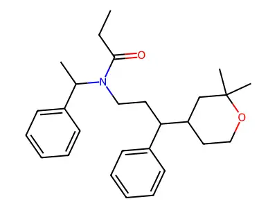 N-[3-(2,2-dimethyloxan-4-yl)-3-phenylpropyl]-N-(1-phenylethyl)propanamide structure