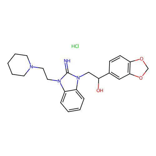 1-(benzo[d][1,3]dioxol-5-yl)-2-(2-imino-3-(2-(piperidin-1-yl)ethyl)-2,3-dihydro-1H-benzo[d]imidazol-1-yl)ethanol hydrochloride structure