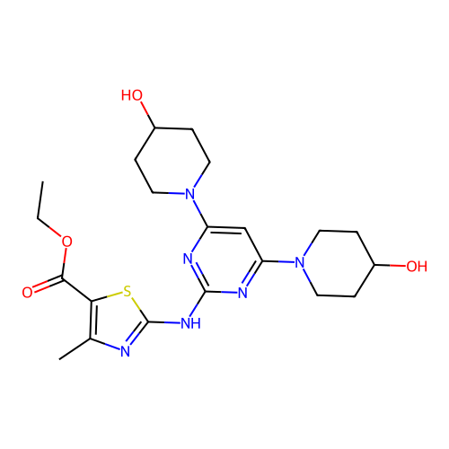 ethyl 2-[[4,6-bis(4-hydroxypiperidin-1-yl)pyrimidin-2-yl]amino]-4-methyl-1,3-thiazole-5-carboxylate structure
