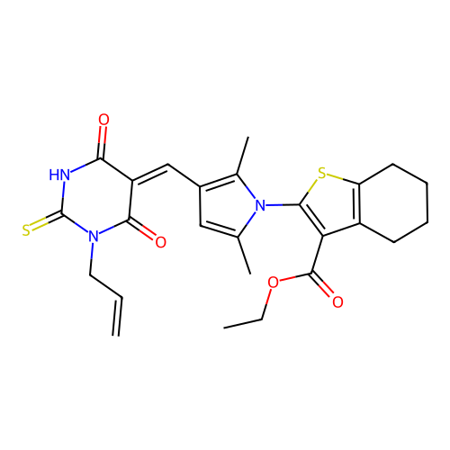 (Z)-ethyl 2-(3-((1-allyl-4,6-dioxo-2-thioxotetrahydropyrimidin-5(2H)-ylidene)methyl)-2,5-dimethyl-1H-pyrrol-1-yl)-4,5,6,7-tetrahydrobenzo[b]thiophene-3-carboxylate structure