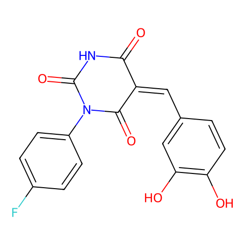 (5Z)-5-[(3,4-dihydroxyphenyl)methylidene]-1-(4-fluorophenyl)-1,3-diazinane-2,4,6-trione structure