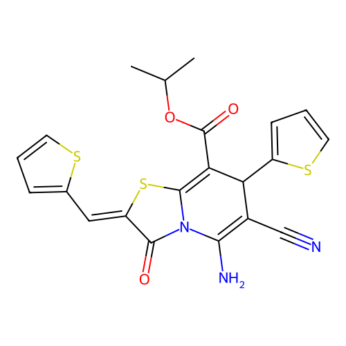 (Z)-isopropyl 5-amino-6-cyano-3-oxo-7-(thiophen-2-yl)-2-(thiophen-2-ylmethylene)-3,7-dihydro-2H-thiazolo[3,2-a]pyridine-8-carboxylate structure