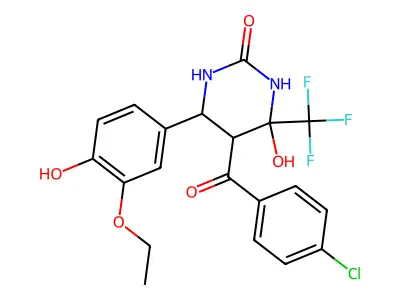5-(4-chlorobenzoyl)-6-(3-ethoxy-4-hydroxyphenyl)-4-hydroxy-4-(trifluoromethyl)tetrahydropyrimidin-2(1H)-one structure