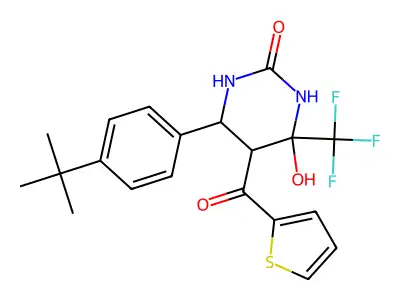 6-(4-(tert-butyl)phenyl)-4-hydroxy-5-(thiophene-2-carbonyl)-4-(trifluoromethyl)tetrahydropyrimidin-2(1H)-one structure