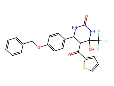 4-hydroxy-6-(4-phenylmethoxyphenyl)-5-(thiophene-2-carbonyl)-4-(trifluoromethyl)-1,3-diazinan-2-one structure