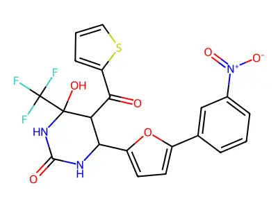 4-hydroxy-6-[5-(3-nitrophenyl)furan-2-yl]-5-(thiophene-2-carbonyl)-4-(trifluoromethyl)-1,3-diazinan-2-one structure