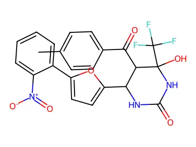 4-hydroxy-5-(4-methylbenzoyl)-6-[5-(2-nitrophenyl)furan-2-yl]-4-(trifluoromethyl)-1,3-diazinan-2-one structure
