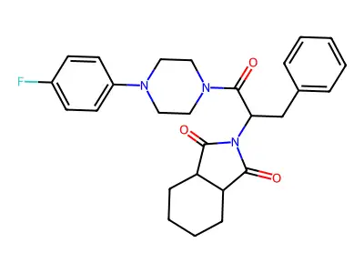 2-{1-[4-(4-fluorophenyl)piperazin-1-yl]-1-oxo-3-phenylpropan-2-yl}hexahydro-1H-isoindole-1,3(2H)-dione structure