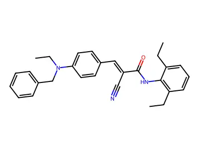 3-{4-[benzyl(ethyl)amino]phenyl}-2-cyano-N-(2,6-diethylphenyl)prop-2-enamide structure
