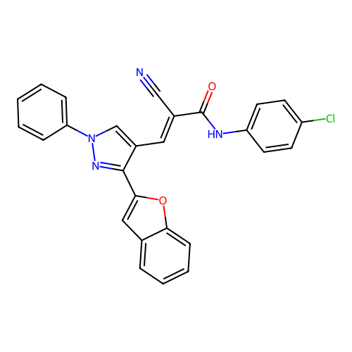 3-(3-benzofuran-2-yl-1-phenyl-pyrazol-4-yl)-N-(4-chlorophenyl)-2-cyano-prop-2-enamide structure