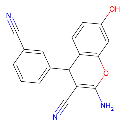 2-amino-4-(3-cyanophenyl)-7-hydroxy-4H-chromene-3-carbonitrile structure