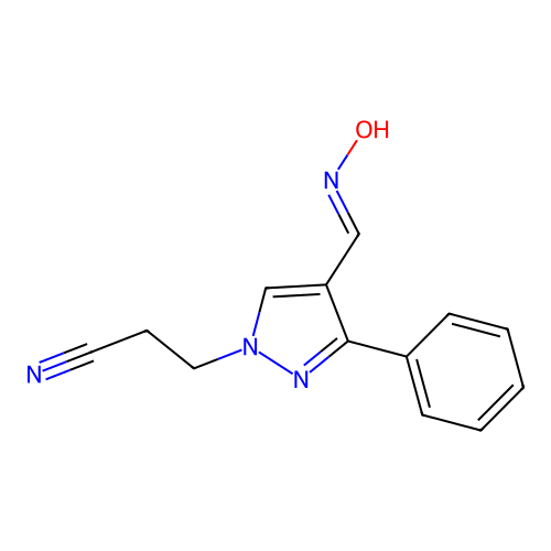 (E)-3-(4-((hydroxyimino)methyl)-3-phenyl-1H-pyrazol-1-yl)propanenitrile structure