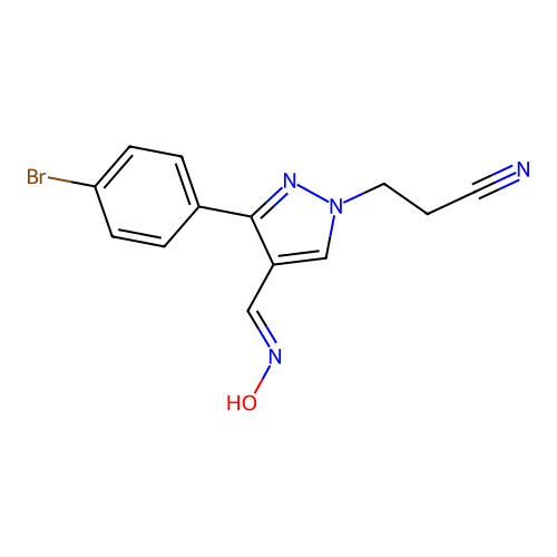 (E)-3-(3-(4-bromophenyl)-4-((hydroxyimino)methyl)-1H-pyrazol-1-yl)propanenitrile structure