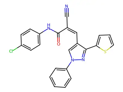 (Z)-N-(4-chlorophenyl)-2-cyano-3-(1-phenyl-3-thiophen-2-ylpyrazol-4-yl)prop-2-enamide structure
