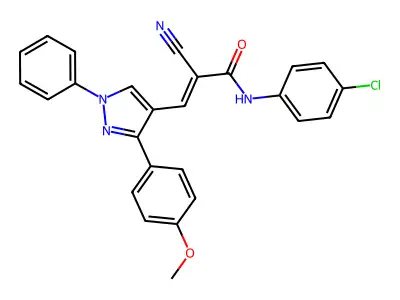 (E)-N-(4-chlorophenyl)-2-cyano-3-[3-(4-methoxyphenyl)-1-phenylpyrazol-4-yl]prop-2-enamide structure
