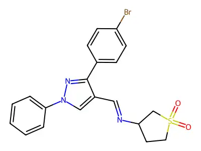 N-{(E)-[3-(4-bromophenyl)-1-phenyl-1H-pyrazol-4-yl]methylidene}tetrahydrothiophen-3-amine 1,1-dioxide structure