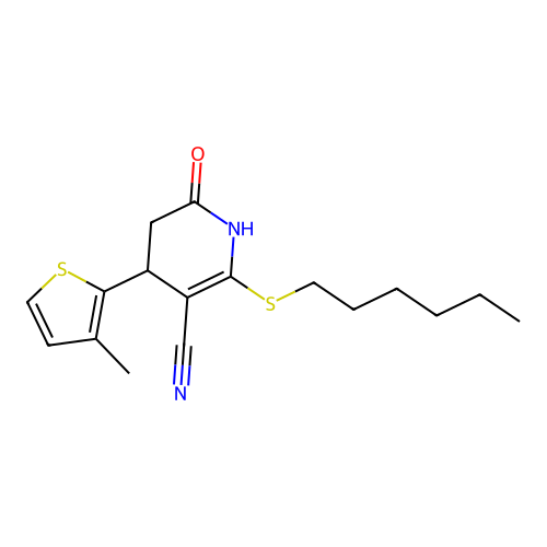 2-(hexylsulfanyl)-6-hydroxy-4-(3-methylthiophen-2-yl)-4,5-dihydropyridine-3-carbonitrile structure