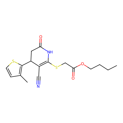 butyl {[3-cyano-6-hydroxy-4-(3-methylthiophen-2-yl)-4,5-dihydropyridin-2-yl]sulfanyl}acetate structure