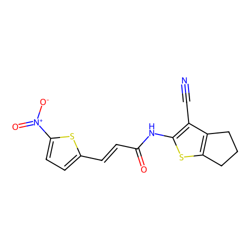 (E)-N-(3-cyano-5,6-dihydro-4H-cyclopenta[b]thiophen-2-yl)-3-(5-nitrothiophen-2-yl)acrylamide structure