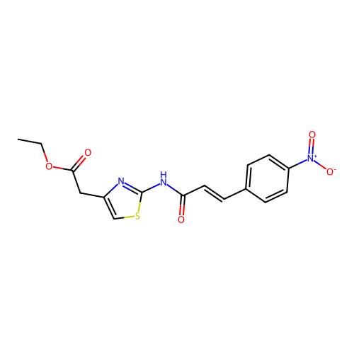 (E)-ethyl 2-(2-(3-(4-nitrophenyl)acrylamido)thiazol-4-yl)acetate structure