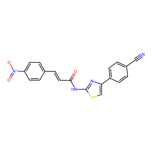 (E)-N-(4-(4-cyanophenyl)thiazol-2-yl)-3-(4-nitrophenyl)acrylamide structure