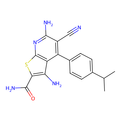 3,6-Diamino-5-cyano-4-[4-(propan-2-yl)phenyl]thieno[2,3-b]pyridine-2-carboxamide structure