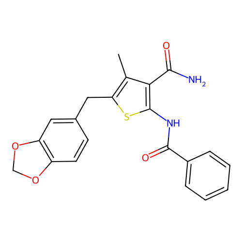2-Benzamido-5-(benzo[d][1,3]dioxol-5-ylmethyl)-4-methylthiophene-3-carboxamide structure