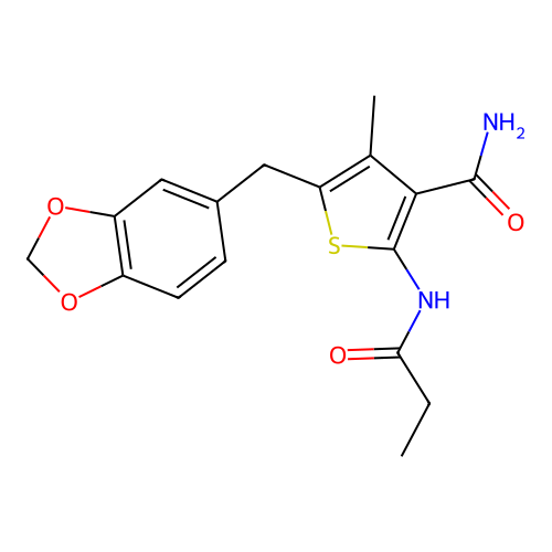 5-(1,3-benzodioxol-5-ylmethyl)-4-methyl-2-(propanoylamino)thiophene-3-carboxamide structure