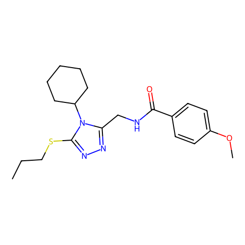 N-((4-cyclohexyl-5-(propylthio)-4H-1,2,4-triazol-3-yl)methyl)-4-methoxybenzamide structure