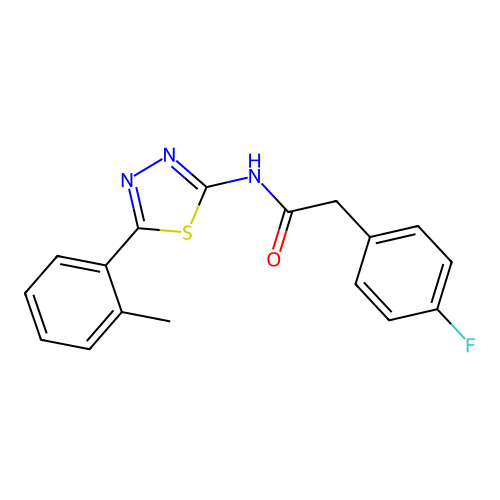 2-(4-fluorophenyl)-N-[5-(2-methylphenyl)-1,3,4-thiadiazol-2-yl]acetamide structure
