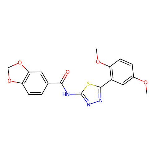 N-[5-(2,5-dimethoxyphenyl)-1,3,4-thiadiazol-2-yl]-1,3-benzodioxole-5-carboxamide structure