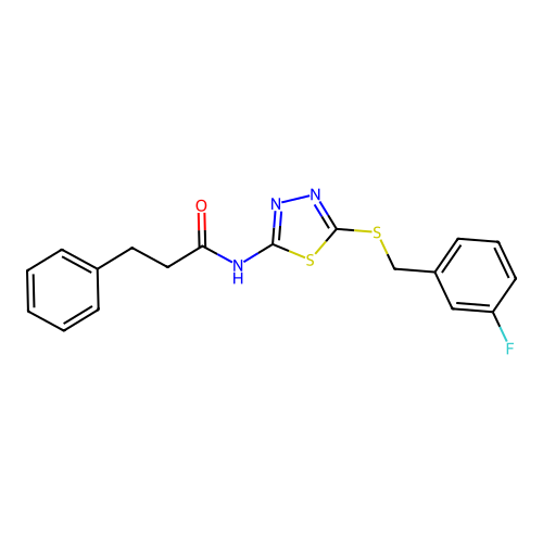 N-(5-((3-fluorobenzyl)thio)-1,3,4-thiadiazol-2-yl)-3-phenylpropanamide structure