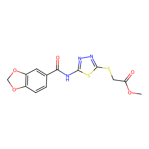 methyl 2-[[5-(1,3-benzodioxole-5-carbonylamino)-1,3,4-thiadiazol-2-yl]sulfanyl]acetate structure