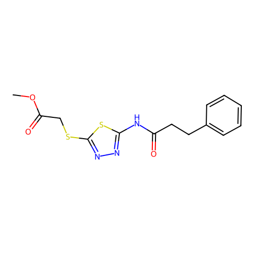 Methyl 2-((5-(3-phenylpropanamido)-1,3,4-thiadiazol-2-yl)thio)acetate structure