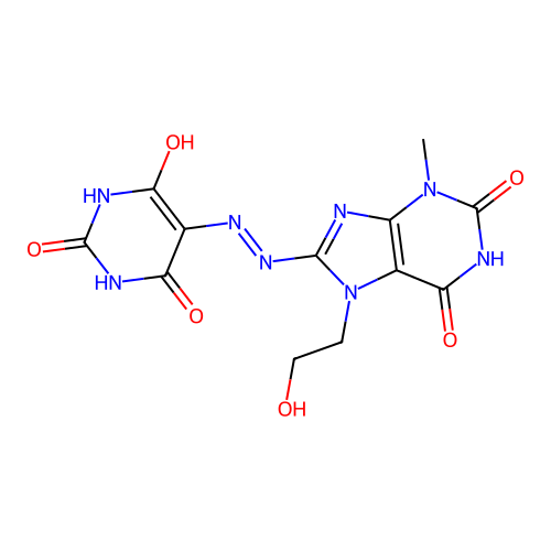 5-(2-(7-(2-hydroxyethyl)-3-methyl-2,6-dioxo-2,3,6,7-tetrahydro-1H-purin-8-yl)hydrazono)pyrimidine-2,4,6(1H,3H,5H)-trione structure