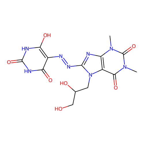 (8E)-8-[(2Z)-(2,6-dihydroxy-4-oxopyrimidin-5(4H)-ylidene)hydrazinylidene]-7-(2,3-dihydroxypropyl)-1,3-dimethyl-3,7,8,9-tetrahydro-1H-purine-2,6-dione structure
