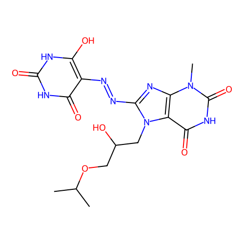 5-(2-(7-(2-hydroxy-3-isopropoxypropyl)-3-methyl-2,6-dioxo-2,3,6,7-tetrahydro-1H-purin-8-yl)hydrazono)pyrimidine-2,4,6(1H,3H,5H)-trione structure