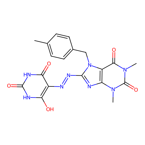 5-(2-(1,3-dimethyl-7-(4-methylbenzyl)-2,6-dioxo-2,3,6,7-tetrahydro-1H-purin-8-yl)hydrazono)pyrimidine-2,4,6(1H,3H,5H)-trione structure