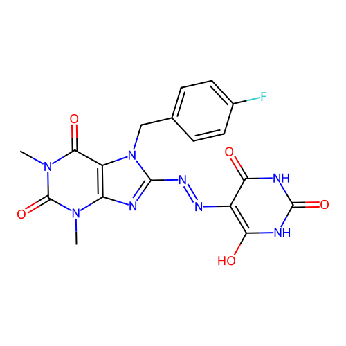 5-(2-(7-(4-fluorobenzyl)-1,3-dimethyl-2,6-dioxo-2,3,6,7-tetrahydro-1H-purin-8-yl)hydrazono)pyrimidine-2,4,6(1H,3H,5H)-trione structure