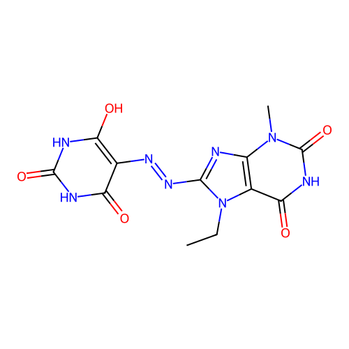 5-(2-(7-ethyl-3-methyl-2,6-dioxo-2,3,6,7-tetrahydro-1H-purin-8-yl)hydrazono)pyrimidine-2,4,6(1H,3H,5H)-trione structure