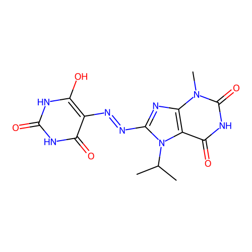 5-(2-(7-isopropyl-3-methyl-2,6-dioxo-2,3,6,7-tetrahydro-1H-purin-8-yl)hydrazono)pyrimidine-2,4,6(1H,3H,5H)-trione structure