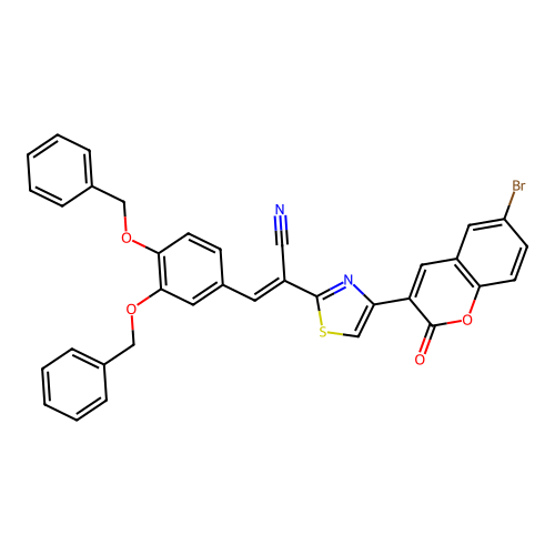 (E)-3-(3,4-bis(benzyloxy)phenyl)-2-(4-(6-bromo-2-oxo-2H-chromen-3-yl)thiazol-2-yl)acrylonitrile structure