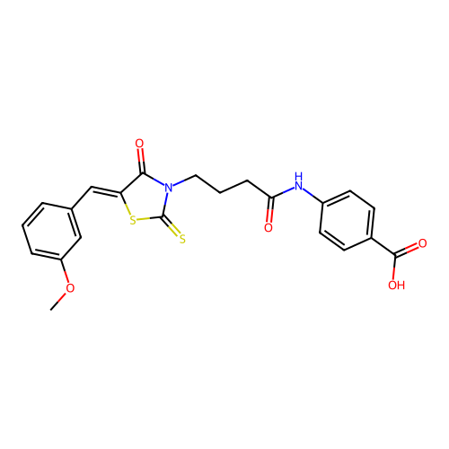 (Z)-4-(4-(5-(3-methoxybenzylidene)-4-oxo-2-thioxothiazolidin-3-yl)butanamido)benzoic acid structure