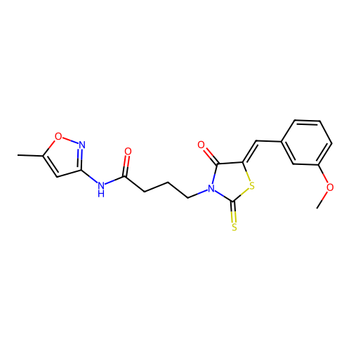 4-[(5Z)-5-[(3-methoxyphenyl)methylidene]-4-oxo-2-sulfanylidene-1,3-thiazolidin-3-yl]-N-(5-methyl-1,2-oxazol-3-yl)butanamide structure