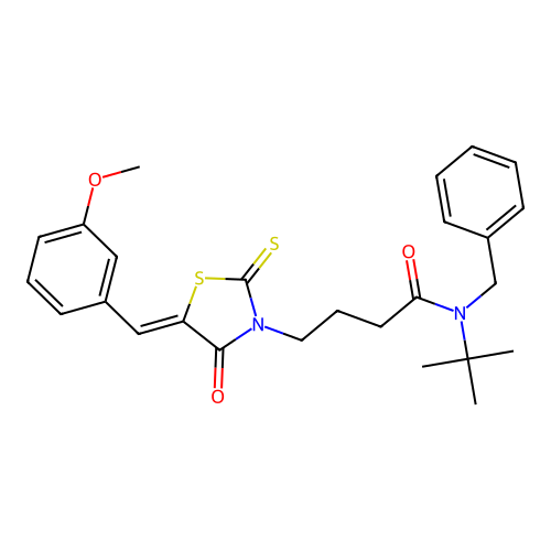 N-benzyl-N-tert-butyl-4-[(5Z)-5-[(3-methoxyphenyl)methylidene]-4-oxo-2-sulfanylidene-1,3-thiazolidin-3-yl]butanamide structure