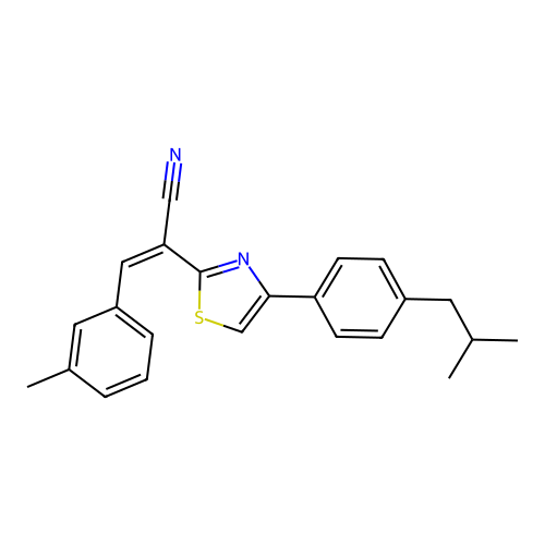 (Z)-2-(4-(4-isobutylphenyl)thiazol-2-yl)-3-(m-tolyl)acrylonitrile structure