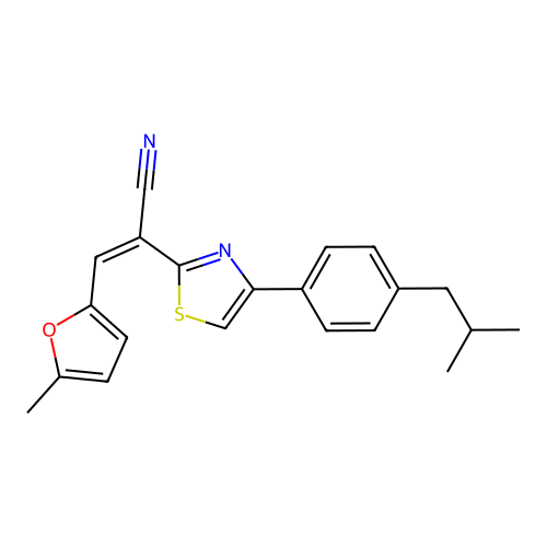(2Z)-3-(5-methylfuran-2-yl)-2-{4-[4-(2-methylpropyl)phenyl]-1,3-thiazol-2-yl}prop-2-enenitrile structure