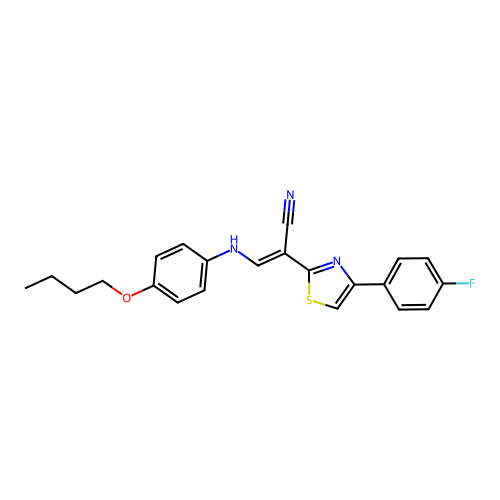 (E)-3-((4-butoxyphenyl)amino)-2-(4-(4-fluorophenyl)thiazol-2-yl)acrylonitrile structure