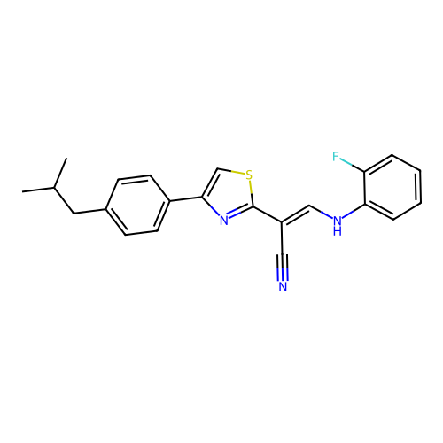 (2E)-3-[(2-fluorophenyl)amino]-2-{4-[4-(2-methylpropyl)phenyl]-1,3-thiazol-2-yl}prop-2-enenitrile structure