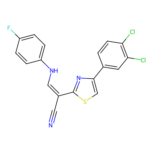 (Z)-2-(4-(3,4-dichlorophenyl)thiazol-2-yl)-3-((4-fluorophenyl)amino)acrylonitrile structure